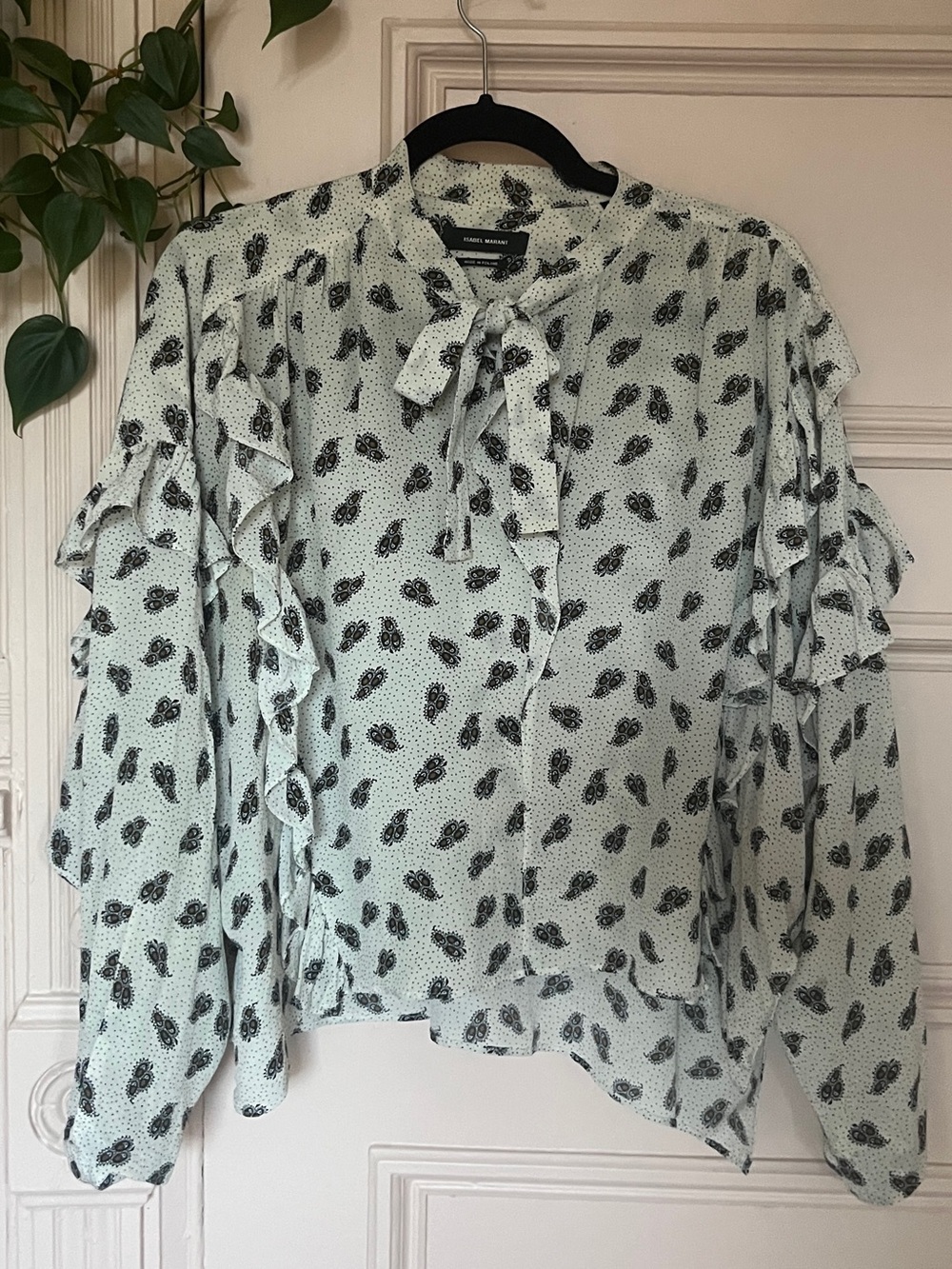 Isabel Marant white, brown and Black Paisley Tie-Neck Ruffle Blouse, silk